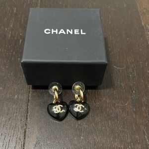 Chanel Black and Gold Heart Earrings